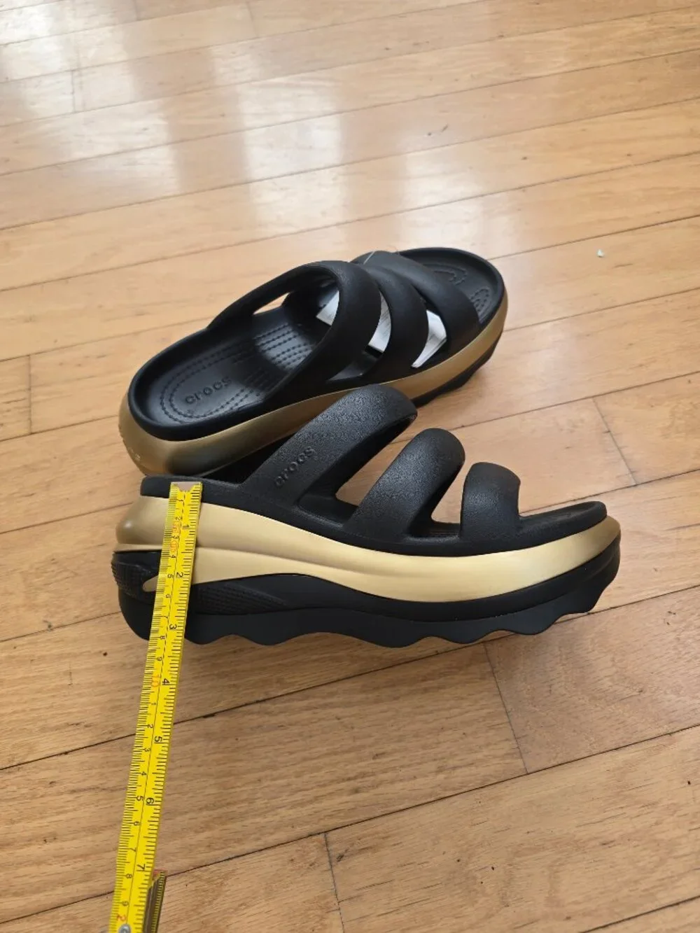 Crocs | Mega Crush Triple Strap Black Gold Platform Sandals | WMS 10